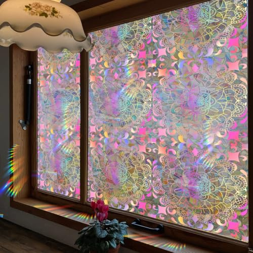 GORGECRAFT 39.4x17 Inch Mandala Stained Window Glass Window Privacy Film 3D Rainbow Decorative Window Cling Decals Non-Adhesive Heat Control UV Sun Blocking Window Decals Sticker for Room Home