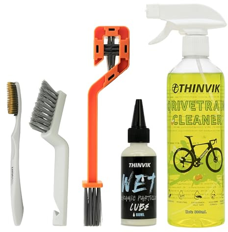 Thinvik Bike Lube and Cleaner Set with 500ml Chain Cleaner, 60ml Dry Lubricant and 4 Brush Tools for Cleaning Chains, Chainrings, Freewheel/Cassette(Wet Lube)