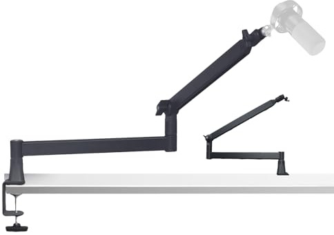Yazoni Brazo de Micrófono, Soporte Bajo con Abrazadera de Escritorio, Adaptador de Rosca, Canal de Cables Oculto, Soporte Ajustable para Micrófono, Ideal para Podcast, Gaming, Streaming y Estudio