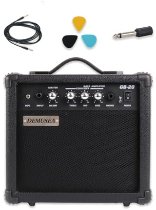 Electric Bass Amplifier 20w Bass Amp Black Color Treble Middle Bass and Mp3 Portable Size with Noiseless Cable Picks 6.5''into3.5'' Adapter Easy for Travel Practice for Beginner Starter (BLK)