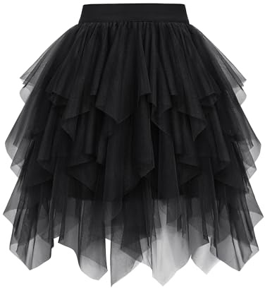 Wikoan Gonna in Tulle da Donna Gonna a Balze Asimmetrica in Tulle Ballo in Maschera Travestimento Costume di Halloween,Nero,L-XL