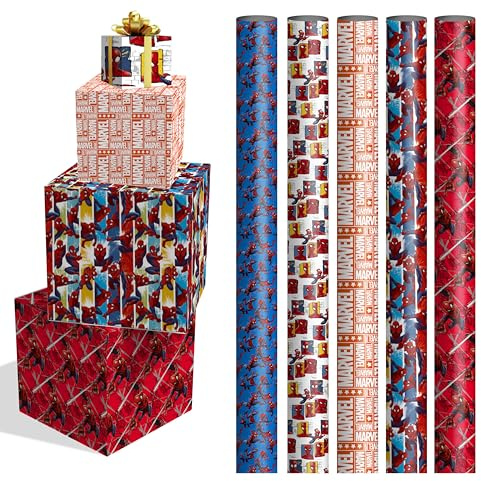 Pack de 5 Rollos de Papel de Regalo Ángel Europa, 70x200 cm, Diseños Surtidos, Envío en Caja de Cartón Protectora, (Spiderman)