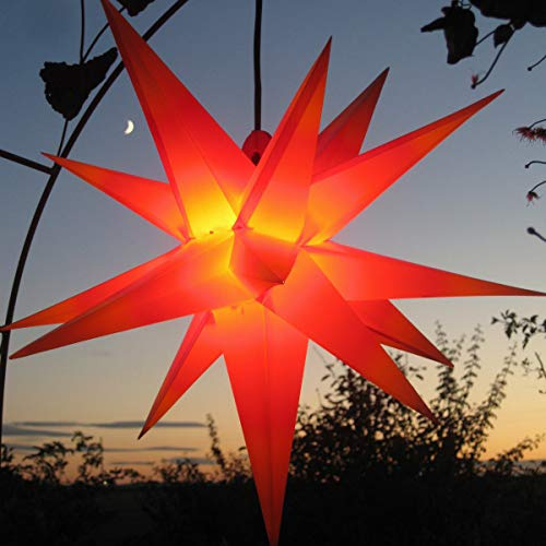 Außenstern-55 cm - rot mit gelben Spitzen - wetterfest und frostbeständig. Komplettset incl. Kabel & Leuchtmittel (auswechselbar) Adventsstern Weihnachtsstern Faltstern, kein Trafo nötig