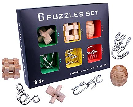 OBEST 6 Stück Holzpuzzle und Metall Puzzle Knobelspiele Set, 3D IQ Test Mind Game Spielzeug, Logikspiele Metalldraht Holzspielzeug Denkspiel Geschenke für Kinder Teenager & Erwachsene