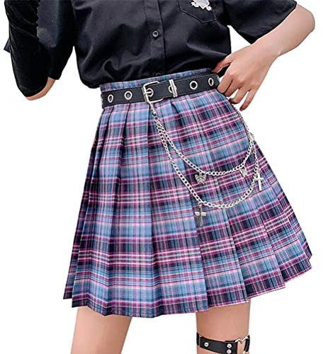ORANDESIGNE Jupe Plissée Courte Taille Haute pour Femme JK Jupe Ecole de Tennis Evasée avec Doublure Mini Jupe à Carreaux A Rose Rouge S