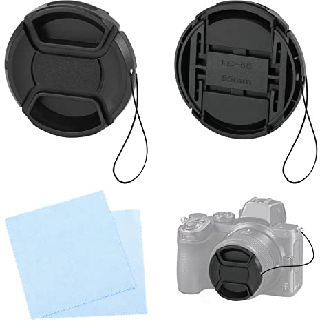 Confezione da 2 Copriobiettivo da 55 mm con Panno di Pulizia Corda per Nikon Canon Sony DSLR Compatibile con Obiettivo Sony ALC-F55S for Nikon D7200 D5300 D3500 e Altri Obiettivi con Filettatura 55 mm