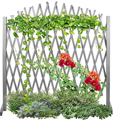 Arched Expanding Freestanding Wooden Trellis Fence Solid Wooden Movable Fence Wood Decorative Lattice Screen Trellis, 105(H) x180(L) cm, Grey