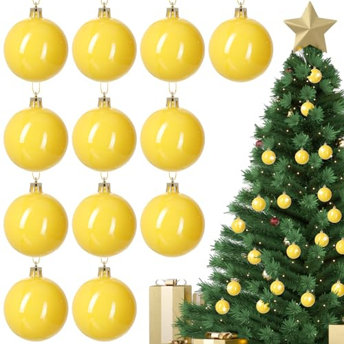12 Pcs 2.4 inches Yellow Christmas Ball Christmas Tree Ornaments Christmas Tree Pendants Xmas Shiny Balls Baubles Set for Christmas Tree Hanging Wreath Garland Decorations（Yellow）