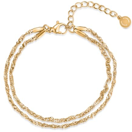 day.berlin Damen Armband Twist in Gold 18k vergoldet, Layering Armkette gedreht, 15,5cm + 5cm variable Länge, 316L Edelstahl nickelfrei und wasserfest