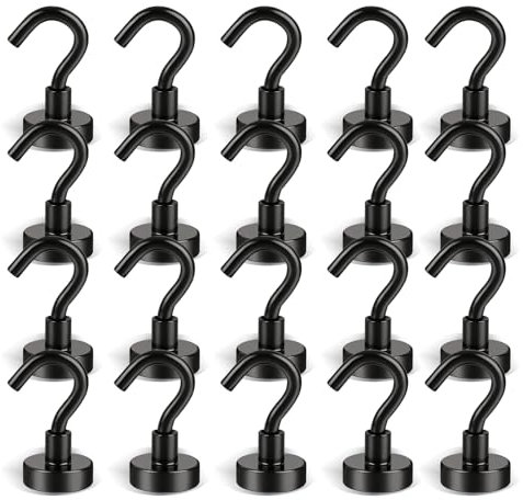 ZWYYTHC 20Pcs Magnetic Hooks Heavy Duty, 25Lb/11kg Strong Heavy Duty Cruise Magnet S-Hooks for Classroom, Fridge, Hanging, Cabins, Grill, Kitchen, Garage and Workplace etc, Screw in Hook Black