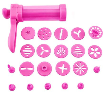 SENRISE Cookie Press Gun Kit, Biscuit Making and Icing Decoration Gun Set with 14 Cookie Mold and 7 Icing Nozzles, Dessert Decorating Syringe for Biscuit Cupcakes Pastry, Pink