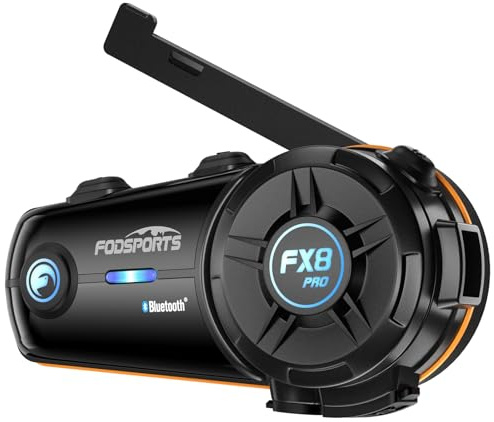 Fodsports FX8 Pro Intercom Moto Bluetooth avec Système de Communication jusqu'à 10 Motards, Partage de Musique, Radio FM, Appairage Rapide, Annonce Vocale en 7 Langues et Pilotage Via Application