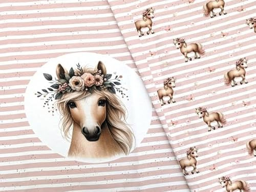 Eigenproduktion Baumwolljersey Panel + Kombi Blumenpony auf Streifen Schmetterling Hellrosa 75 x 160 cm