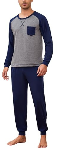 Aseniza Pyjama Homme Hiver Ensemble Deux Pièces Pyjama Coton Chaud à Manches Longues avec Poches Pantalon Confortable pour Homme Chiné Foncé/Bleu Foncé L