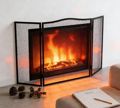 Calidola Pare-étincelles à 3 panneaux, écran plat en fer avec arche supérieure, 96,5 cm (L) x 61 cm (H), panneau en maille robuste pour cheminée ouverte, revêtement en poudre noire