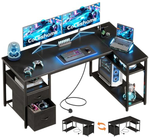 Coleshome Corner Computer Desk with Drawers and Shelves, 140×80 cm, Black | L Shaped Office Desk with Built-in Power Outlet, PC Desk with Storage for Home Office, Reversible Design for Small Space