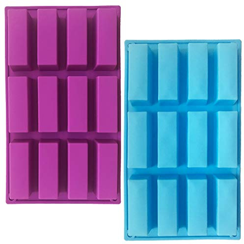 Set di 2 stampi rettangolari in silicone, 12 cavità, per barrette proteiche, barrette energetiche, caramello, pane, muffin, brownie, pane di mais, cheesecake, budino, burro, sapone, blu, viola