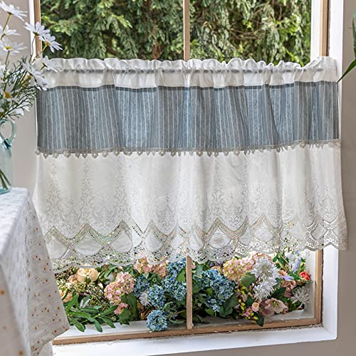 A.Monamour Tenda Corta per Finestra Piccola - Ricami In Pizzo Bianco Blu A Strisce A Righe In Cotone Vintage Rustico - Cucina Bistrot Caffè Mezza Mantovana Tenda a Vetro
