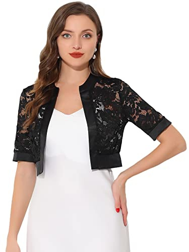 Allegra K Bolero in pizzo per cardigan da donna con pannello in raso aperto sul davanti, Nero , S