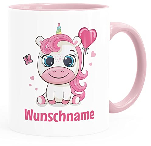 SpecialMe® Kindertasse Keramik Einhorn Wunschname Herz personalisierte Namenstasse für Kinder Mädchen weiss-innen-rosa standard