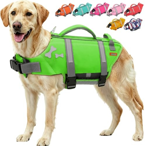 EMUST Dog Life Jacket, Lightweight Dog Life Vests with 2 Rescue Handle, XXL | Pet Safety Swimsuit Preserver for Large Dogs for Swimming Pool Beach Boating, Green