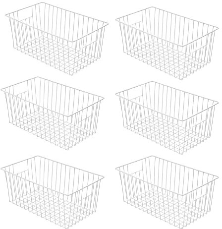 lonpute 16inch Farmhouse Freezer Wire Baskets Organizer Storage Bins Large Organizer Baskets with Handles for Storage, Office, Kitchen, Pantry, Cabinet, Closets - Set of 6 (White 6)
