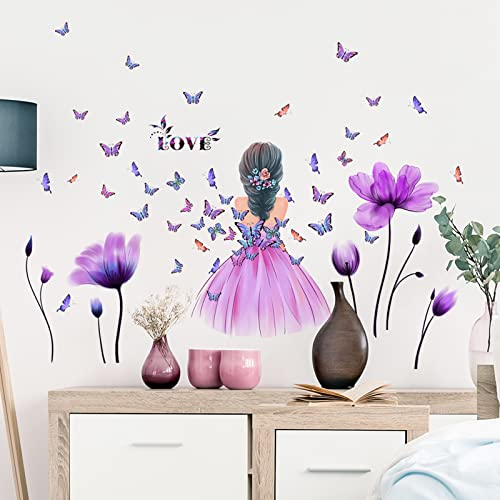 HUOGEE Blumen Fee Wandtattoo Wandsticker Wandtattoo Babyzimmer Mädchen Bunt Schmetterling und Blumen Pflanzen Wandaufkleber für Mädchen Babyzimmer Schlafzimmer Hause Wanddekoration(Pink)
