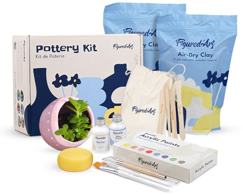 Figured'Art Töpferset für Anfänger für zu Hause mit Ton, Premium & lufttrocknend, 2 kg ohne Brennen. DIY Set für Erwachsene, 100% gebrauchsfertig, mit Werkzeugen, Farben, Pinseln, Lacken & Anleitungen