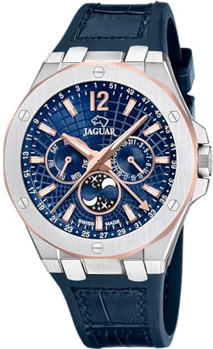 JAGUAR Swiss Made Herrenuhr Mondphase Leder Blau - Quarz, Saphirglas - Wasserdicht 10 ATM - Elegant - J1040/2 Diplomatic