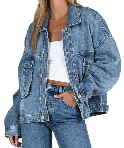 Vagbalena Chaqueta vaquera holgada clásica vintage de gran tamaño para mujer chaqueta de trabajo de manga larga abotonada para hombre chaqueta vaquera con solapa y cierre de botones (Azul,XL)
