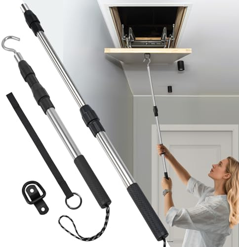 Attic Pull Down Hook, Extendable Attic Pull Rod, Attic Ladder Pull Down System Kit Contains One 40-Inch Telescopic Pole, 1 * D-Ring, 1 * O-Ring with Rope Around It