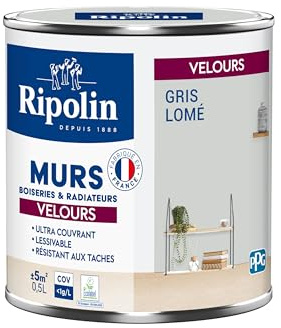 RIPOLIN - Peinture Intérieure Multi-Supports – Murs, Boiseries & Radiateurs – Ultra couvrante - Monocouche - Confort d'application - Aspect Velours - Gris Lome - 0,5L