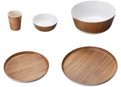 Fdit Set di Stoviglie per Melamina a Grana in Legno, Comprende Ciotola, Tazza, Piatto di Grandi Dimensioni, Piccolo Piatto e Bacino, per Uso da Festa Interno Ed Esterno