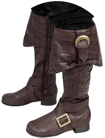 Vintage Uomo Cavalieri Stivali Medievale Punta Piatta Tacco Medio Coscia Finta Pelle PU Vichingo Cavaliere Pirata Allacciare Cowboy Occidentale