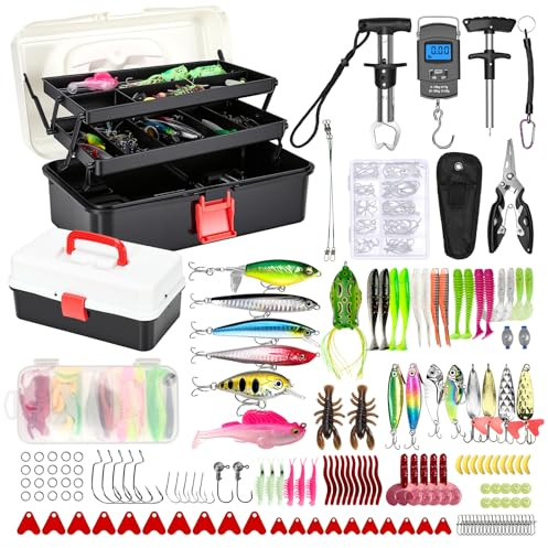 Kit de Accesorios de Pesca de 239 Piezas con Caja de Almacenamiento - Anzuelos, Señuelos, Pesas para Mar, Estanque, Río - Equipo de Pesca para Trucha, Perca, Lucio, Sandre para Principiantes