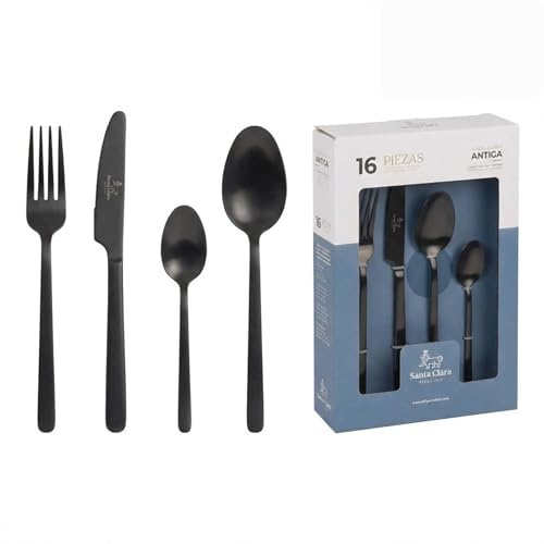 SANTA CLARA | Cubertería completa 16 piezas de acero inoxidable acabado negro PVD, juego de cubiertos con cuchillo, tenedor, cuchara y cucharilla de postre, servicio para 4 personas, modelo Antiga
