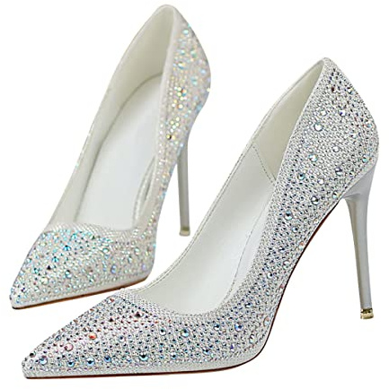 ticticlily Femme Escarpins Mode Strass Talons Hauts Aiguille Sandales Escarpins Bout Pointu Asakuchi Stilettos Chaussures de Fête Banquet Mariage A Blanc 36 EU
