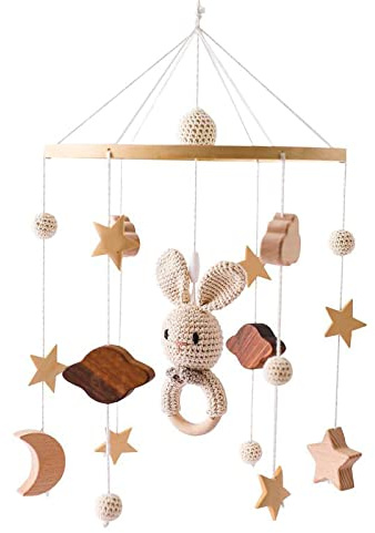 Mobile Baby Babybett Mobile Baby Holz Bettglocke Windspiel Sterne Elefant Handgemacht Mobiles Kinderzimmer Decor Geschenk für Baby Mädchen oder Jungen (Hase)