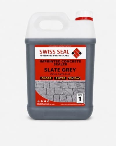 Swiss Seal | SLATE GREY Coloured Imprinted Concrete Sealer GLOSS FINISH + ANTI-SLIP | Colour Tinted Driveway And Patio Sealant - Wet Look | Colour Tint Sealant For Outdoor Concrete Floor (5 Litre)
