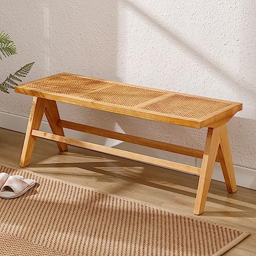 Wahson Esstischbank Rattan, Sitzbank Moderne Esszimmerbank mit Massivholzbeinen Atmungsaktive Eingangsbank Gartenbank Rattanbank Natur, 115cm,für Esszimmer/Schlafzimmer/Balkon,Holzfarbe
