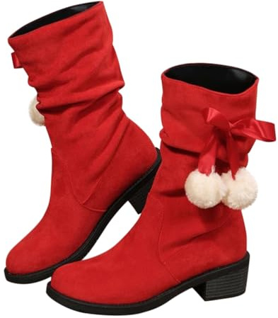 Minetom Botte Femme Daim Bottes De Noël Bottines Bloc Talon Automne Hiver Elegante Confortable Chaussures avec Pompons
