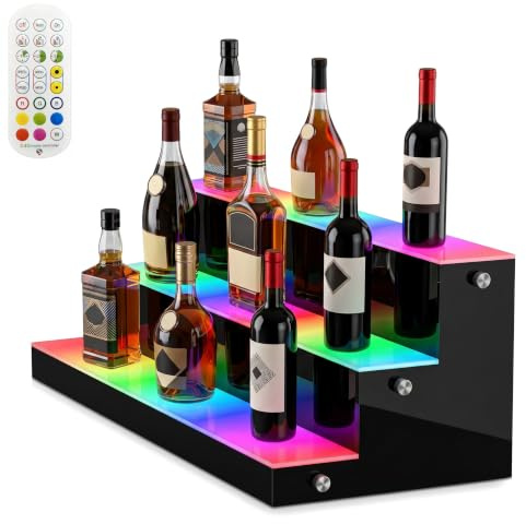 Cityjoy Estante de exhibición de botellas de licor con luz LED, estante de 3 niveles iluminado por USB, estantes de iluminación acrílica para el hogar, bar, bebidas, 24 botellas con control remoto RF