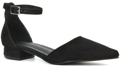 ESSEX GLAM Women's Low Heel Point Toe Ankle Strap Court Shoes Ladies Black Faux Suede Wedding Dress Flat Pumps Size 8