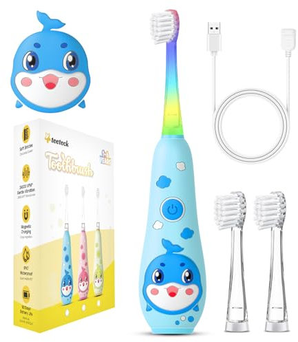 Teeteck Kids Electric Toothbrush,Rechargeable Toddlers Baby Electric Toothbrush with 2Minutes Timer and LED Light for 1-6 Boys Girls(1 Handle, 2 Brush Head, USB Charging Cable)