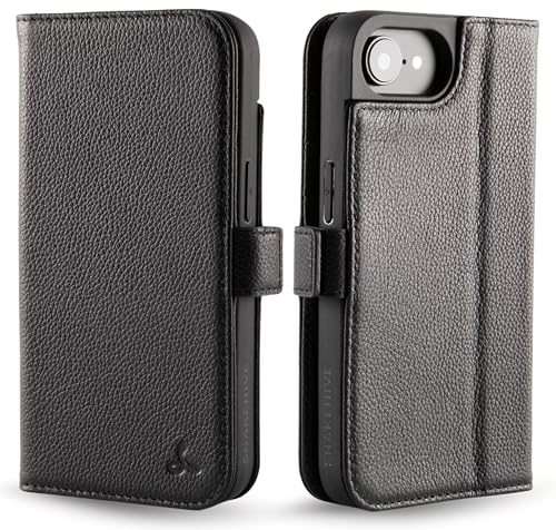 Snakehive Leather Wallet for iPhone 17e / iPhone 16e - Real Leather Wallet Phone Case with Viewing Stand and Card Holder - Side Clasp Flip Folio Cover with Card Slots (Black - Dappled)