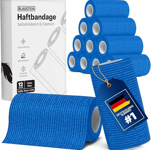 Bellmate Selbstklebender Verband [12x Bandagen 10cm x 4,5m] elastischer Verband selbstklebend für Menschen, Pferde & Hunde - Premium Haftbandage selbstklebend (Blau, 10cm x 4,5m)