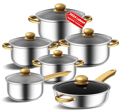 Stainless Steel pots and Pans Set, 12 Pieces Kitchen Cookware Set, Non-Toxic Cooking Set with Stay-Cool Handles,Silver & Gold,Works with Induction/Electric and Gas Cooktops (auratus B)