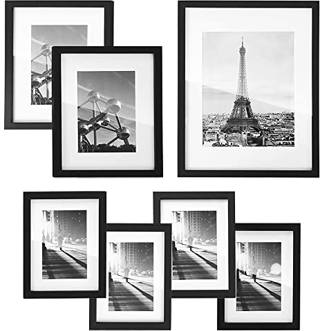 SONGMICS Picture Frames with 7 Mats, Set of 7 Collage Photo Frames, One 11x14, Two 8x10, Four 6x8 Frames, Hanging or Table Display, Glass, Black URPF37BK