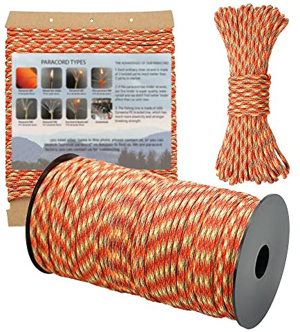 PSKOOK 550 paracord 100 m, 31 m, 15 m rep 9 + 1 tråd med fiskelina dragkraft räddningsrep tältrep för utomhusvandringar camping gör-det-själv halsband armband hantverk tillverkning (31 m, solsken)