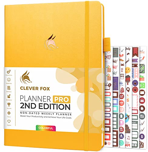 Clever Fox Planner PRO 2nd Edition – Undated Weekly Agenda for Tasks & Time Management – Life Organizer with To-do List, 21.5x28cm (Amber Yellow)